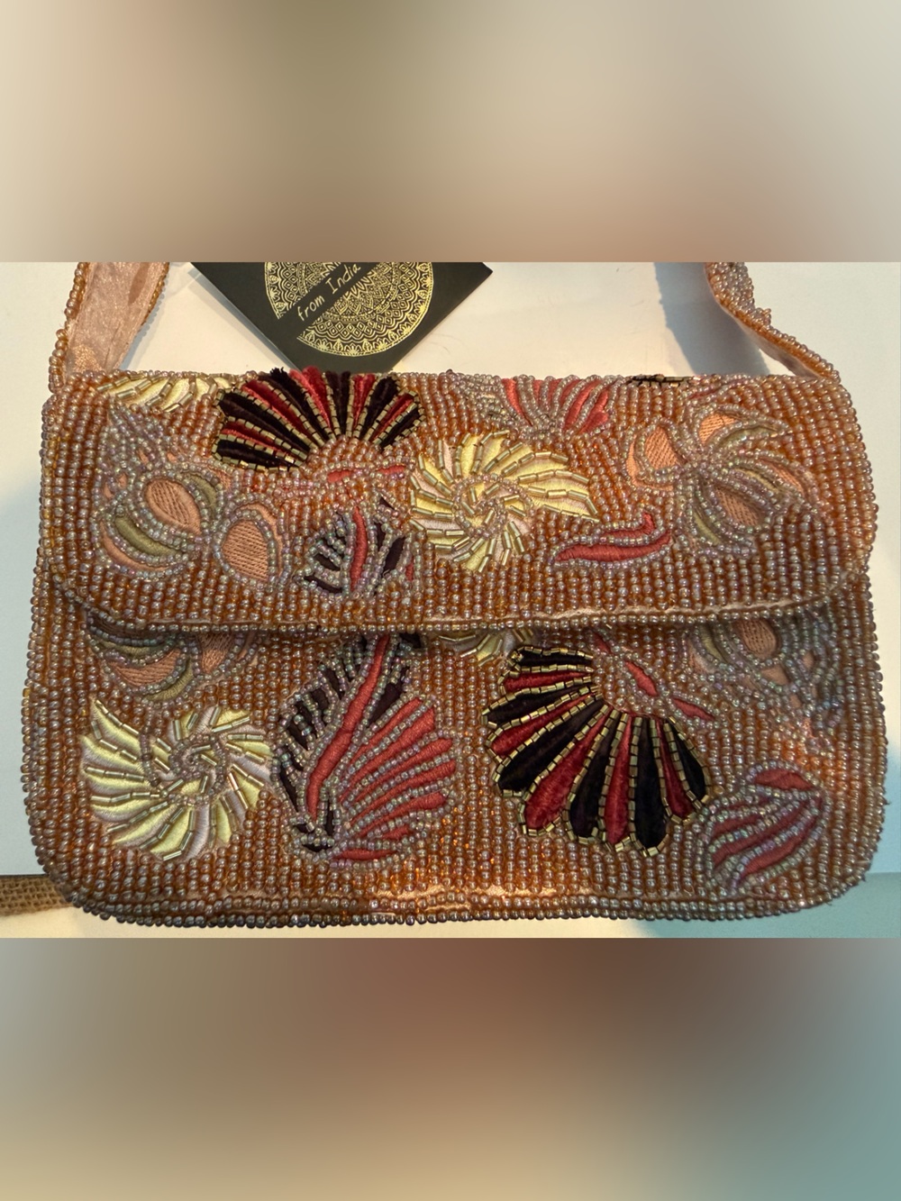 * NEW RELEASE Bag w/Multicolored Embroidered Shell Motif on Rose Gold Background